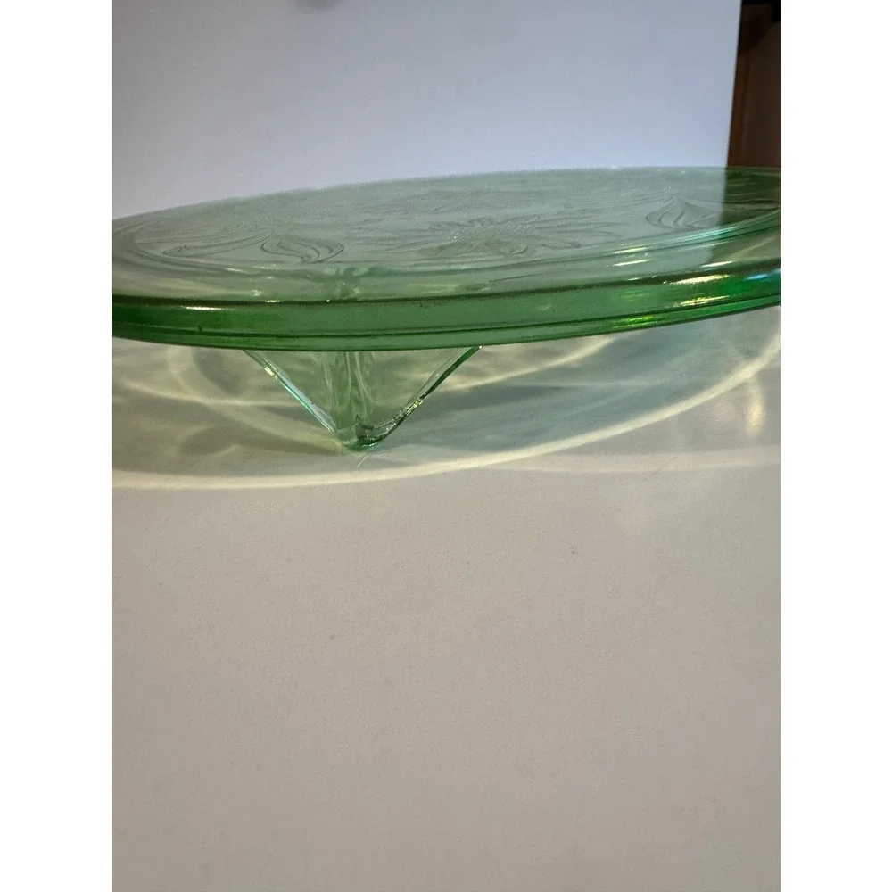 Vintage Uranium Depression Glass Cake Plate Floral Pattern Footed Glows Under UV
